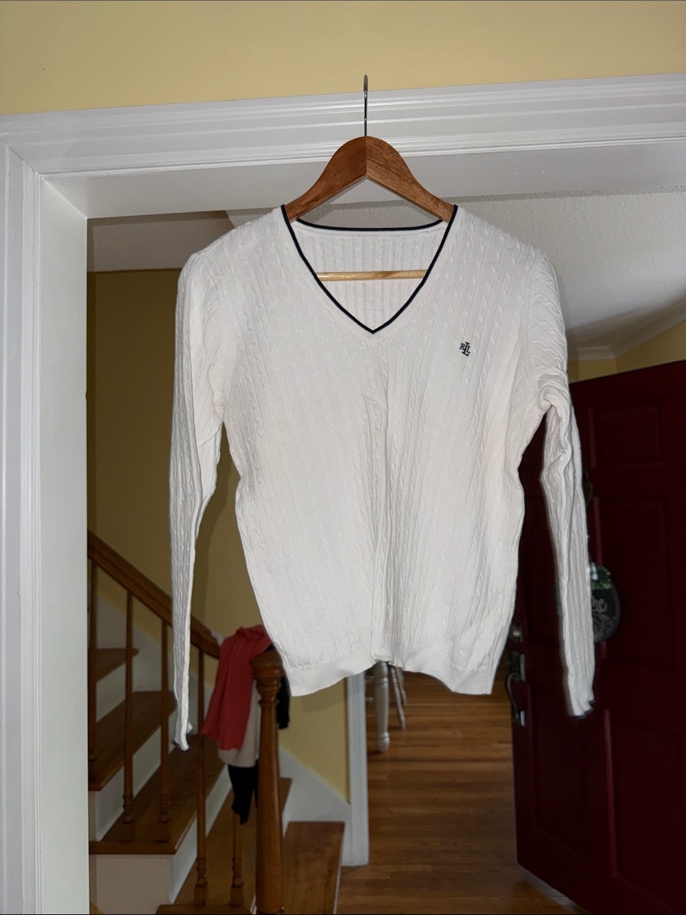 Lauren Ralph Lauren White V-Neck Cable Knit Sweater with Navy Trim